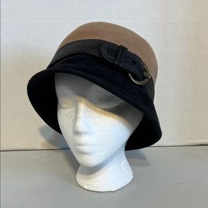 Coach Tan and Brown Bucket Hat 100% Rabbit Hair Leather Trim Buckle Size Small